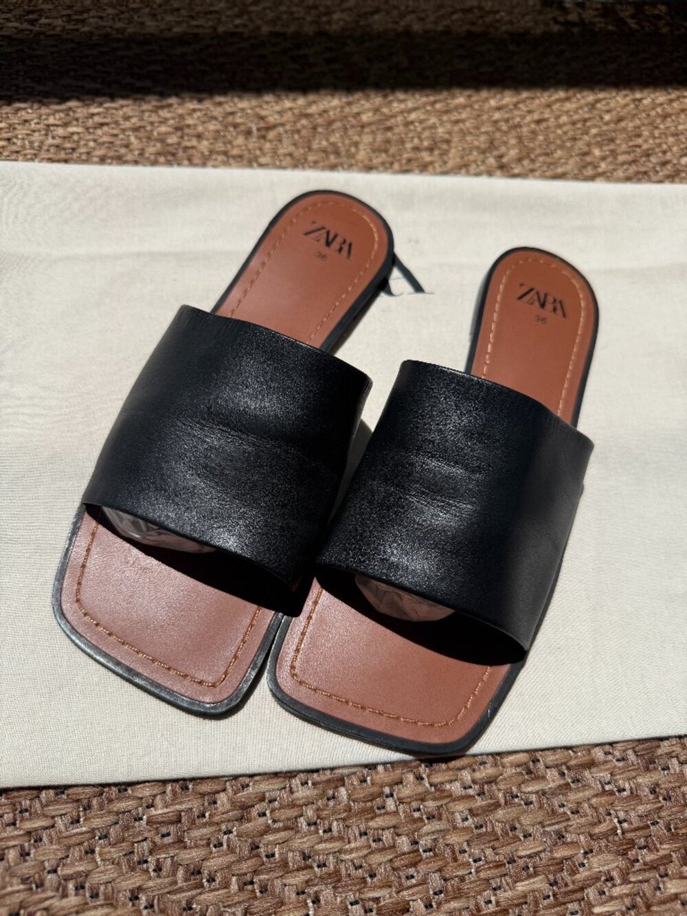 Zara Black Flat Sandals With A Square Toe